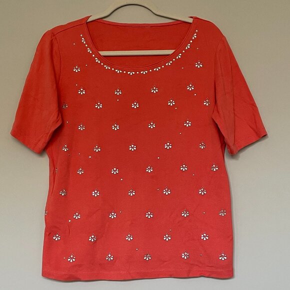 Embellished Silver Flower Stud Short Sleeve Round Neck Peach T-shirt XL - Picture 1 of 4